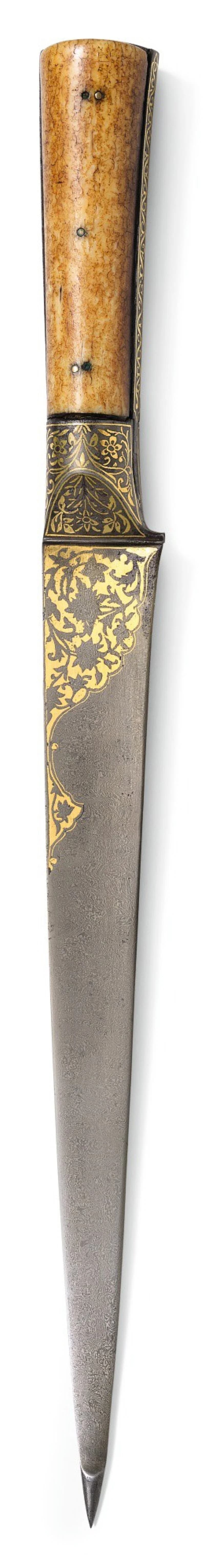 A LARGE WATERED-STEEL AND GOLD-INLAID DAGGER (KARD) WITH MARINE-IVORY HILT
