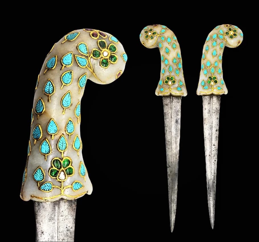 A MUHAL JADE AND GOLD-INLAID JADE-HILTED WITH GEM SET DAGGER (KHANJAR)